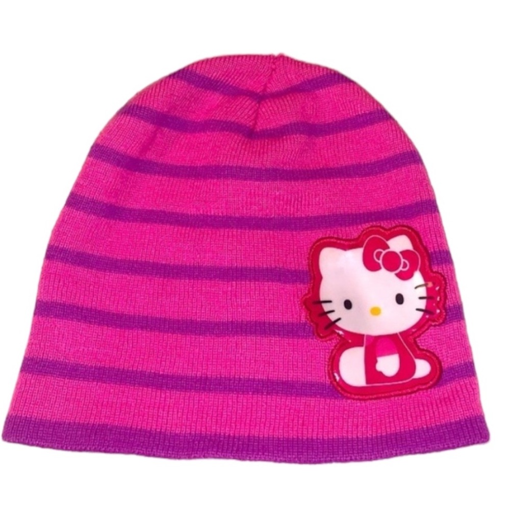 Hello Kitty  beanie stripe knit kids cap hat OS pink purple winter vintage y2k